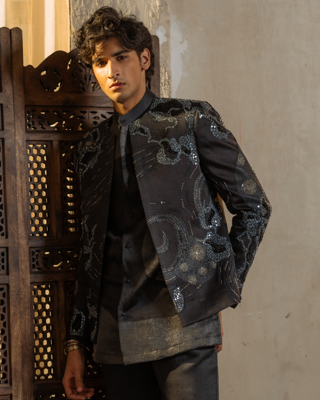 Charcoal Grey Metallic Work Short Jacket Set