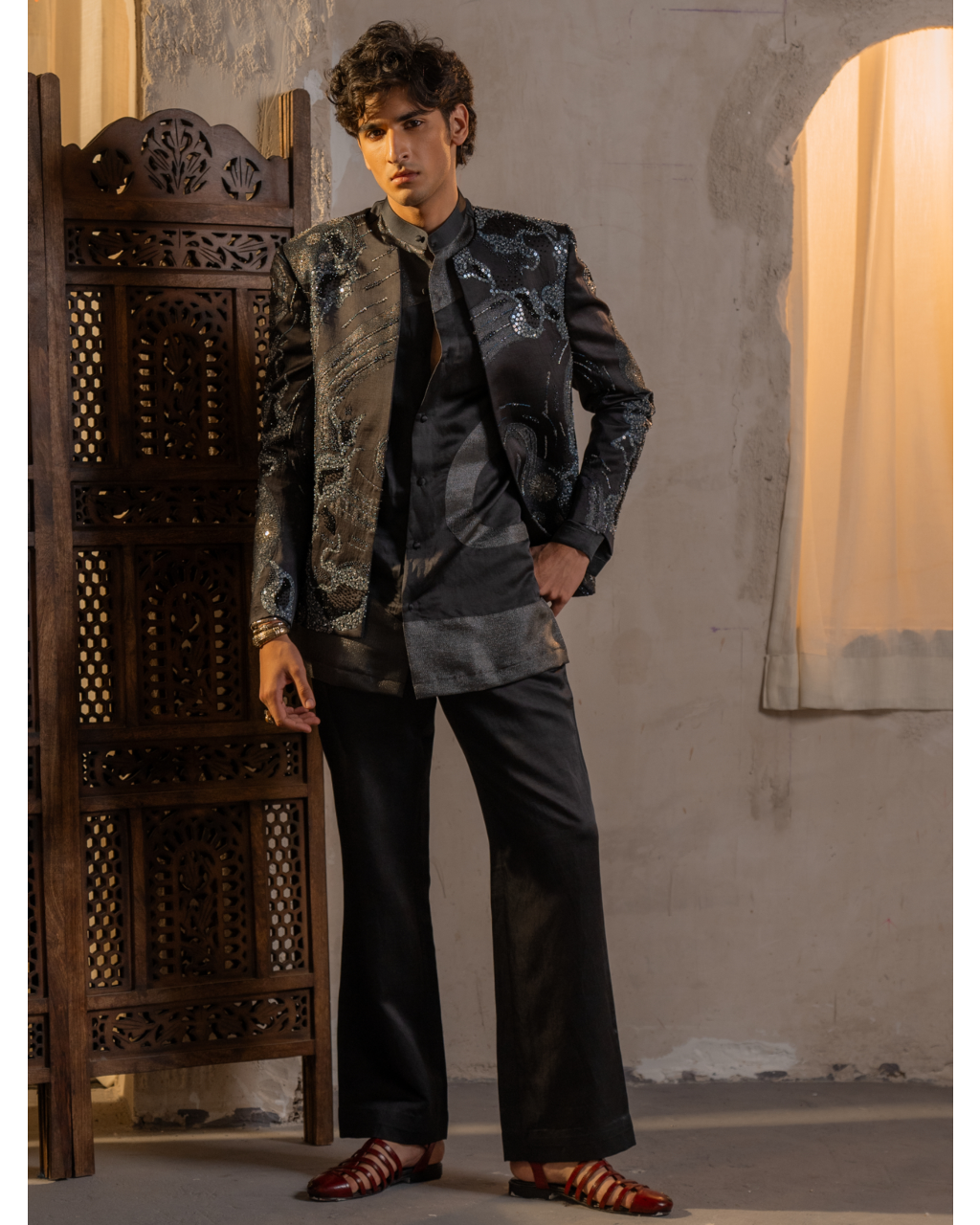 Charcoal Grey Metallic Work Short Jacket Set