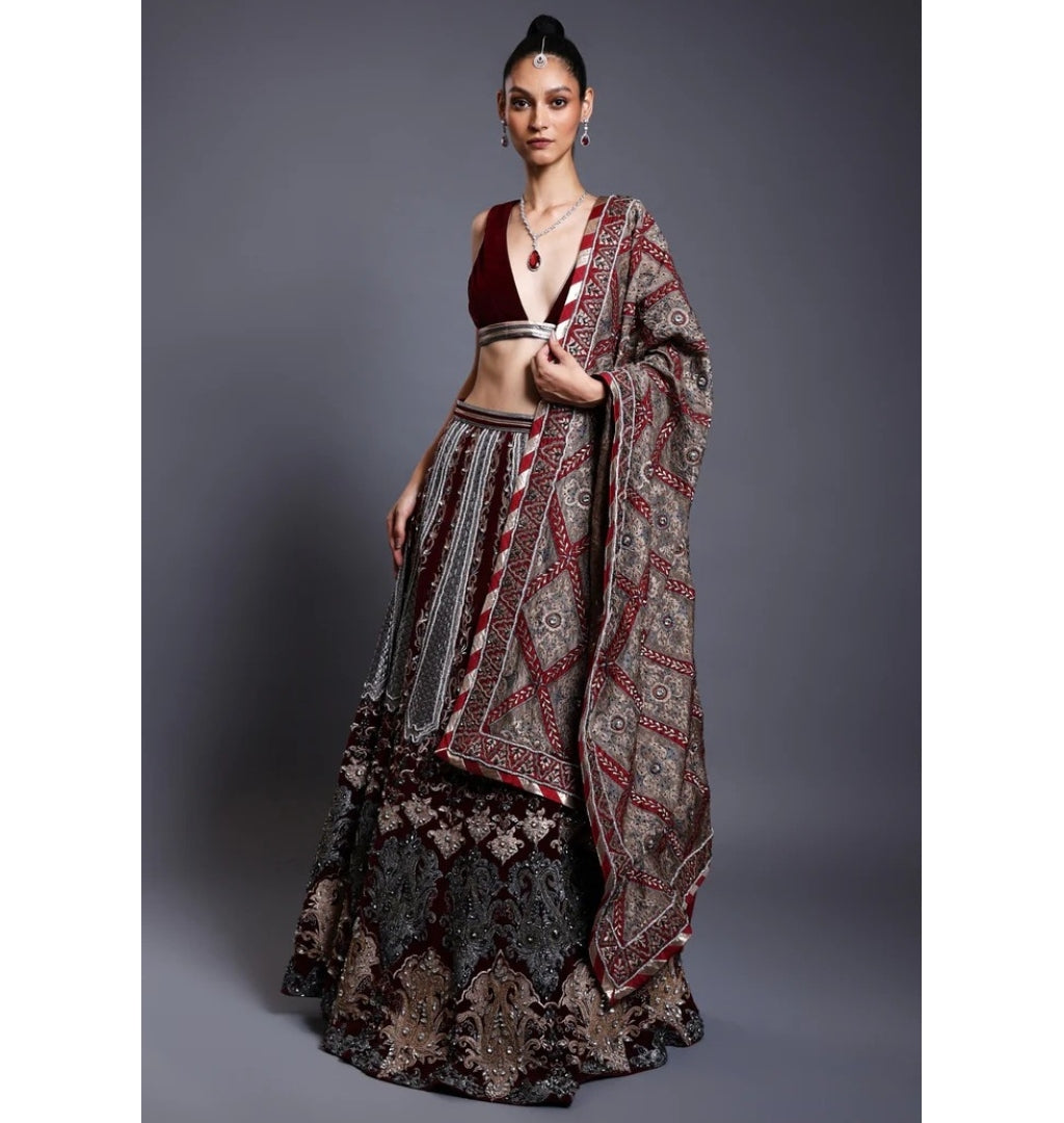 CF Applique Maroon Lehenga Set