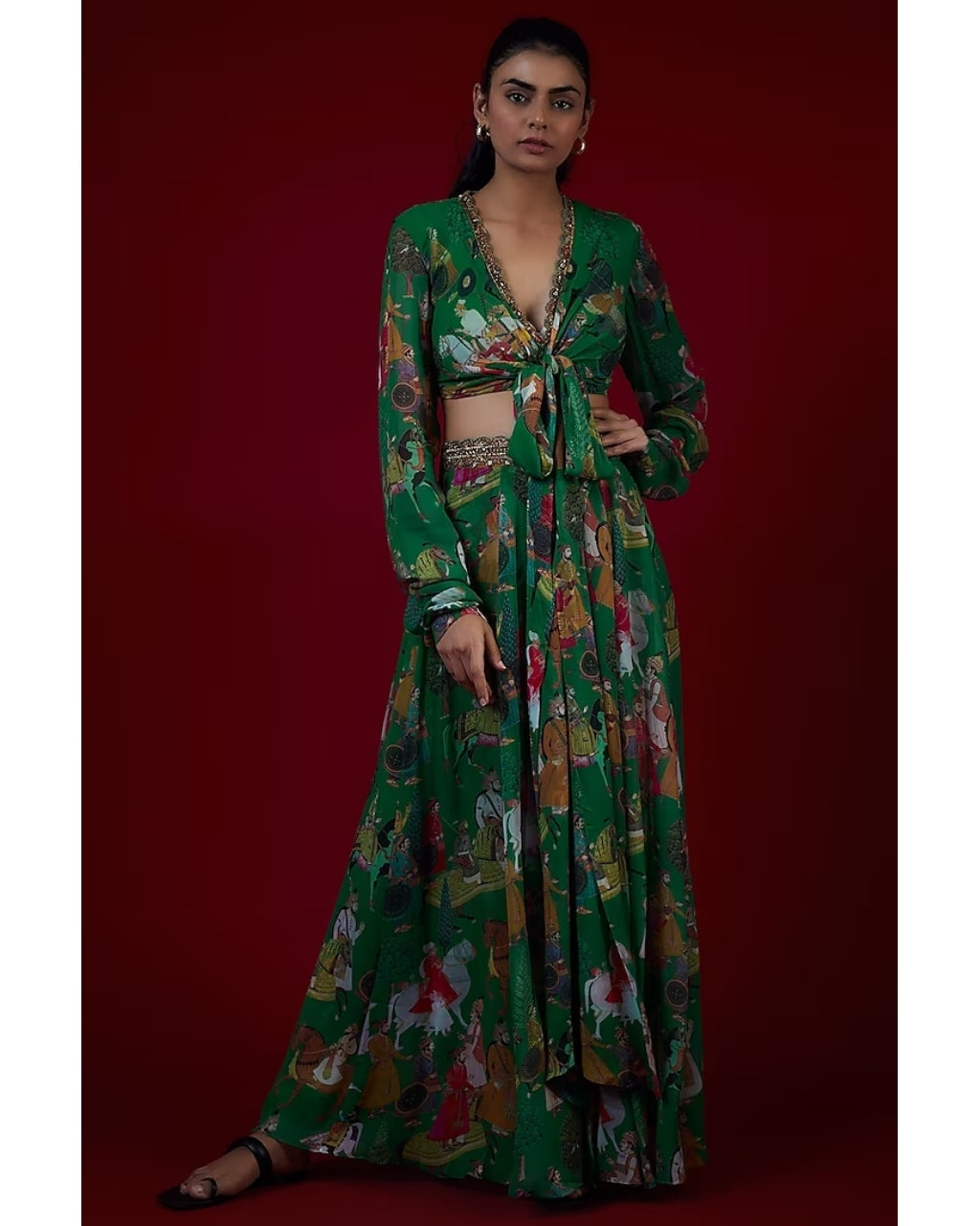 Green Printed Tie Up Blouse and Skirt Set
