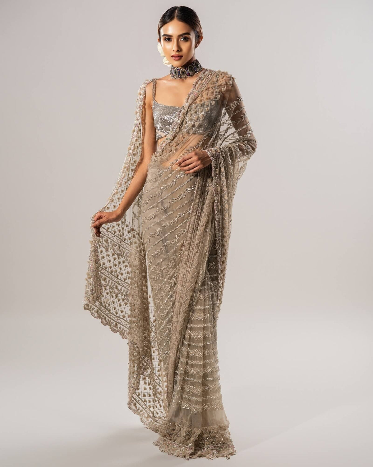 Tan Tulle Sari With 3D Petal Aanchal And Beaded Blouse