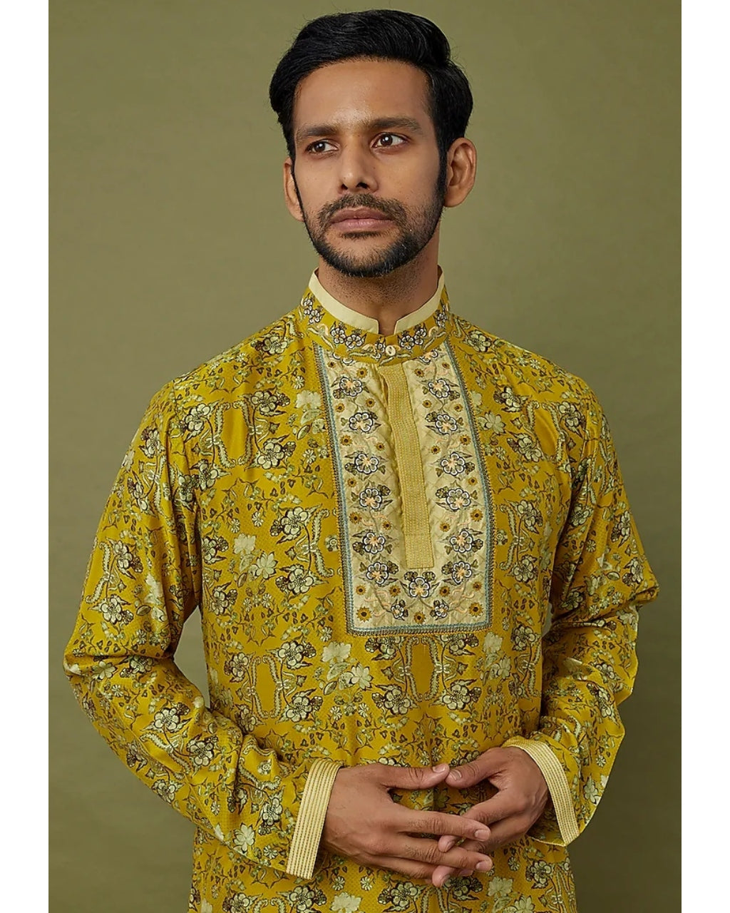 Olive Green Cotton Chanderi Printed & Embroidered Kurta