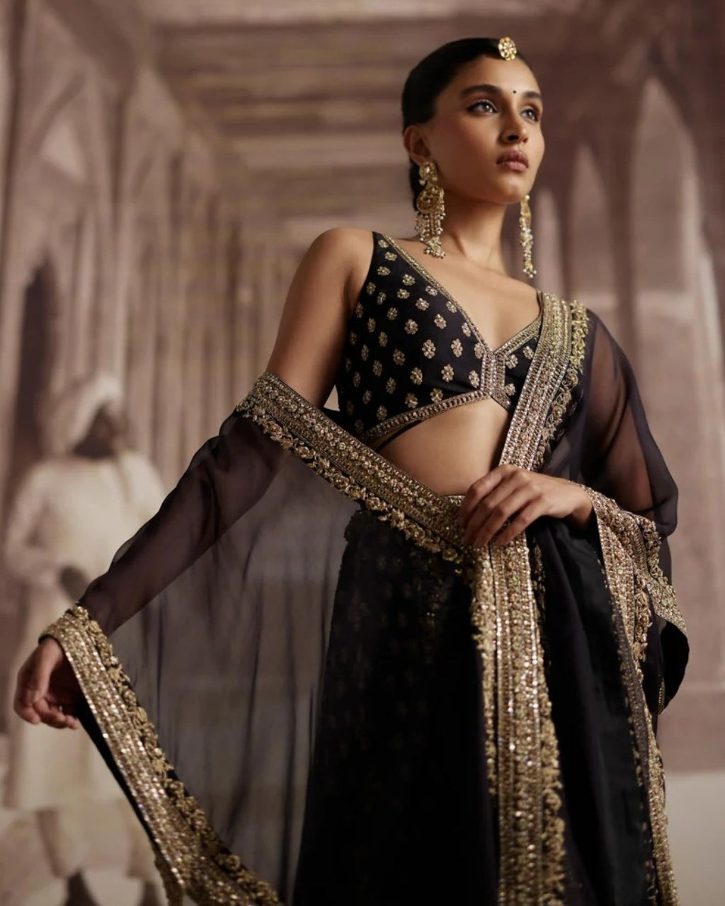 Black Organza Cape With Panel Sharara Set