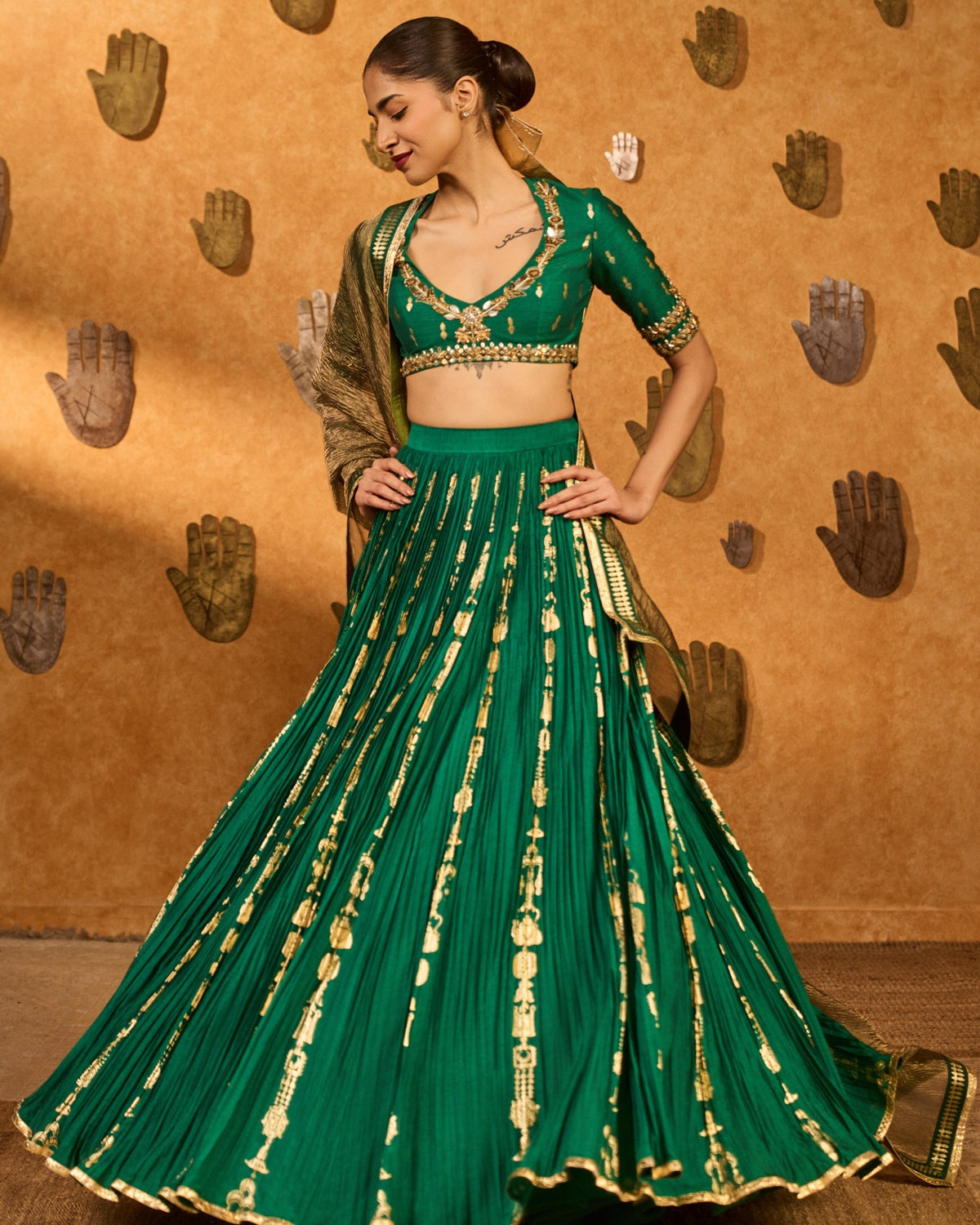 Green Totem Line Lehenga Set