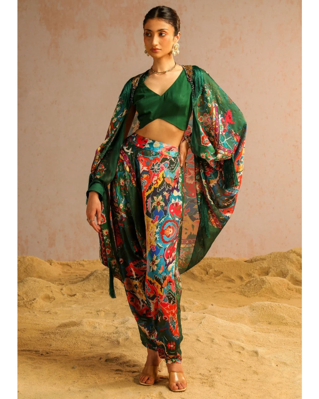 Green Harem Pants With Blouse And Cape Set