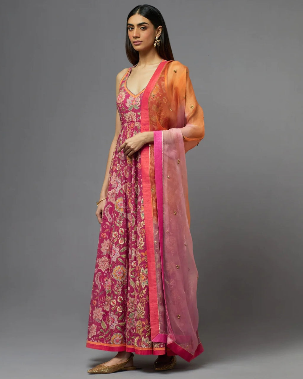 Fuchsia Floral Printed Anarkali Set