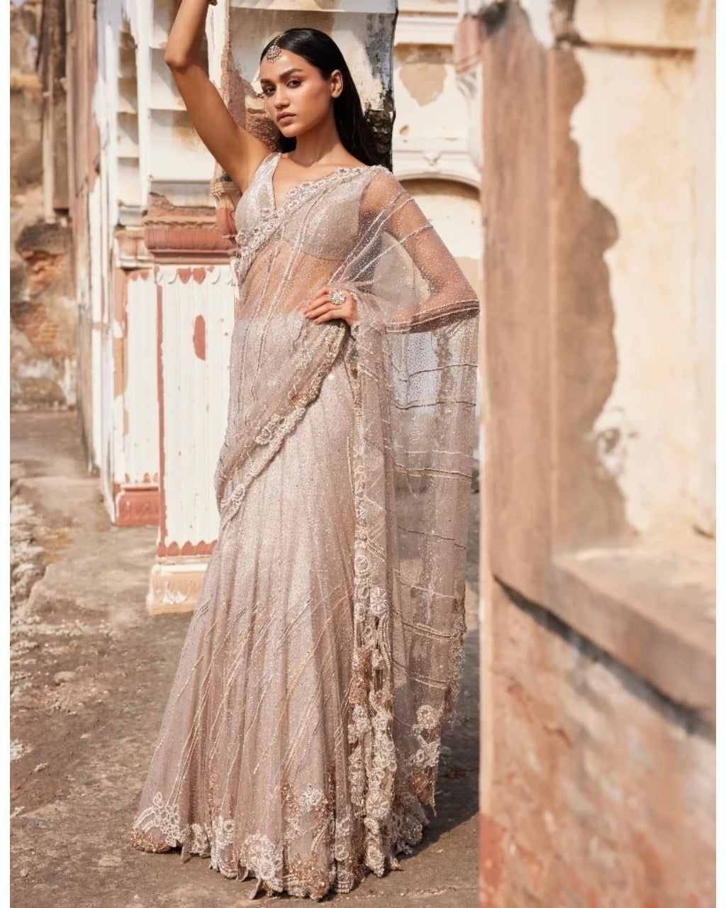 Hecate Dusty Ivory Shimmer Tulle Bridal Lehenga Sari