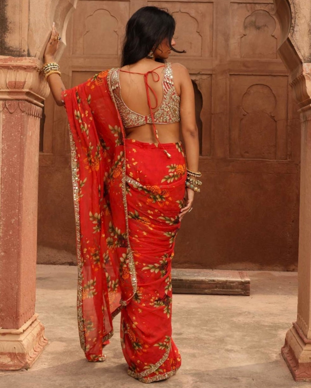 Sindoori Pine Print Hand Embroidered Sari Set