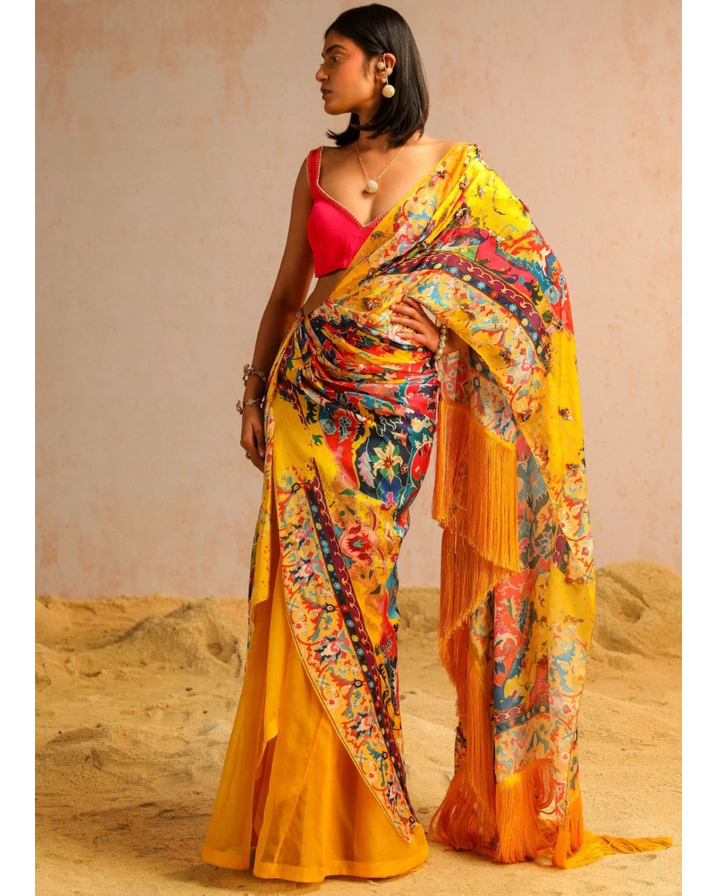 Yellow Draped Sari With Hot Pink Blouse Set