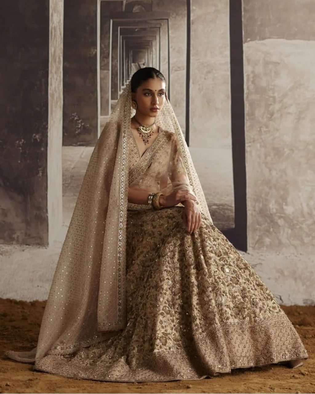 Ivory-Gold Sequin Jaal Lehenga