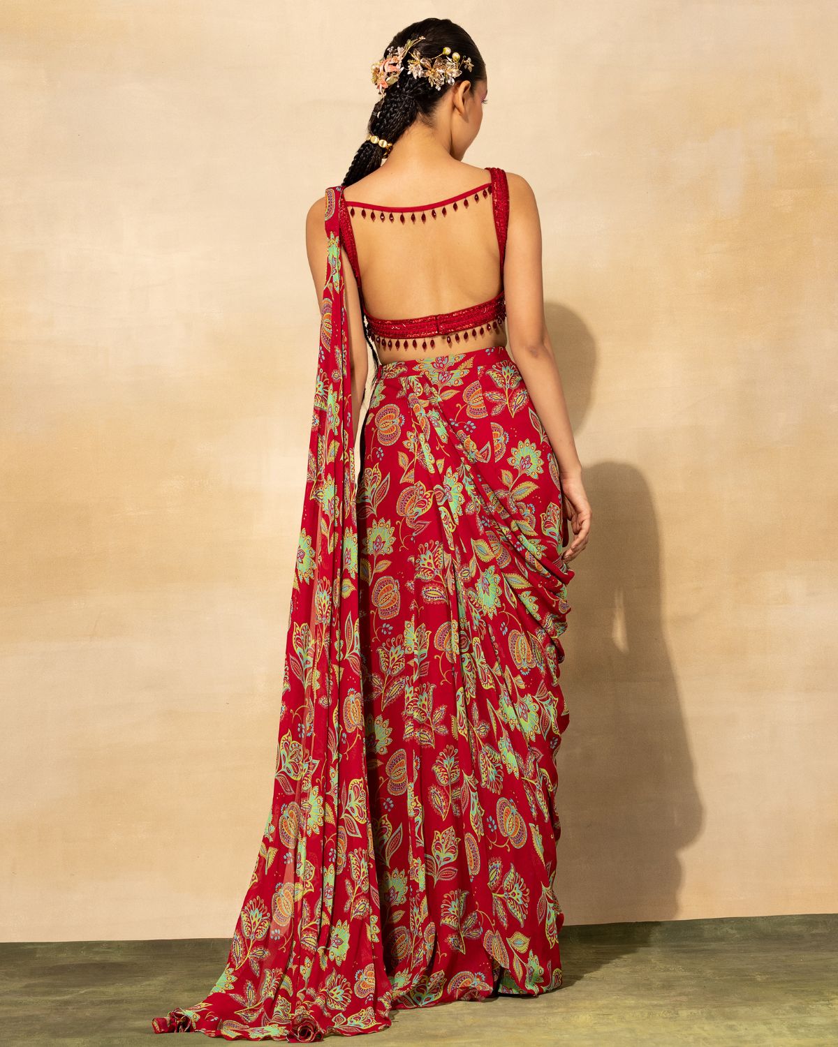 Crimson Georgette Printed Sharara Sari Set