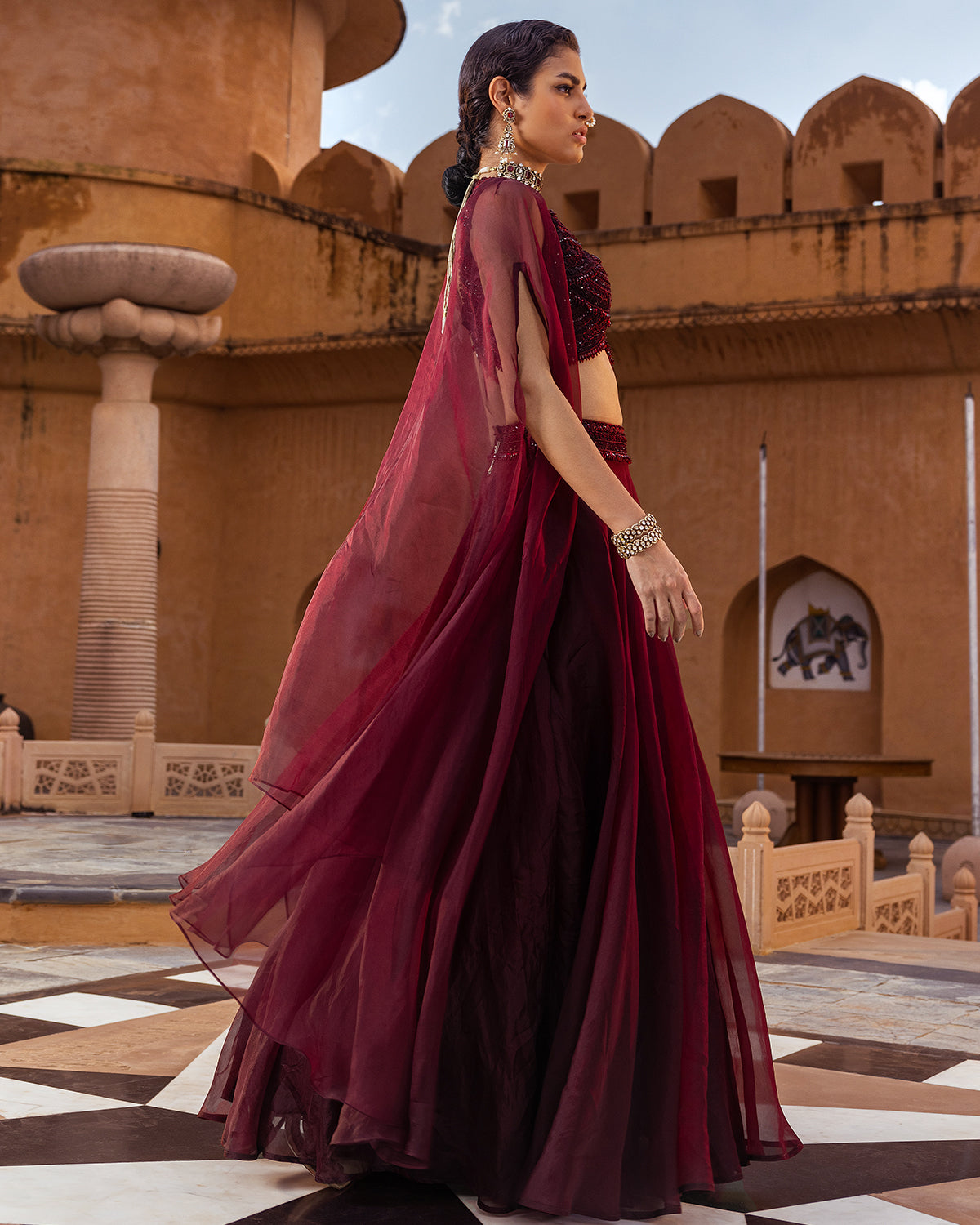 Retro Love Plum Scallop Embroidered Skirt Set