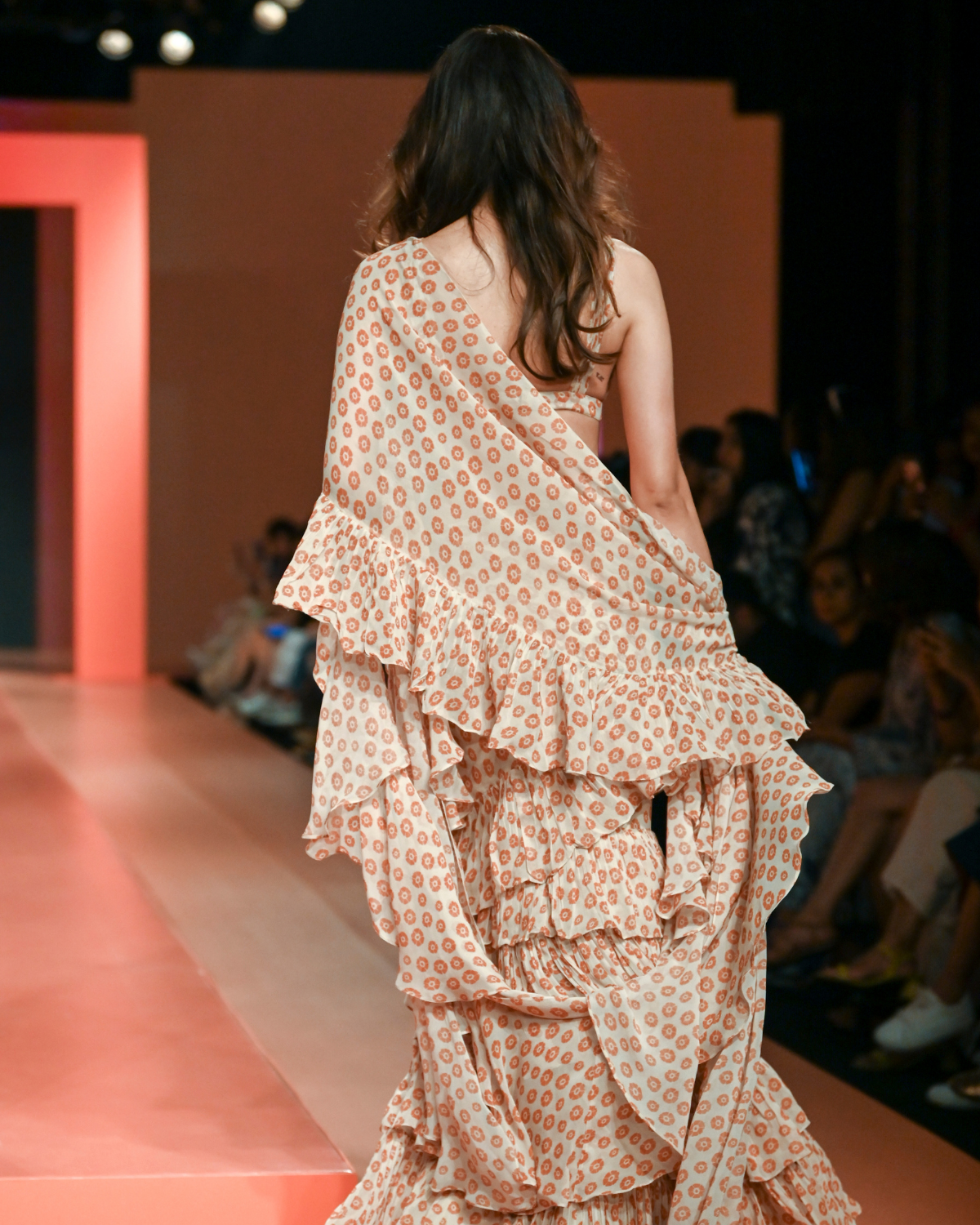 Sand & Toasted Orange Butti Print Ruffle Sari Set