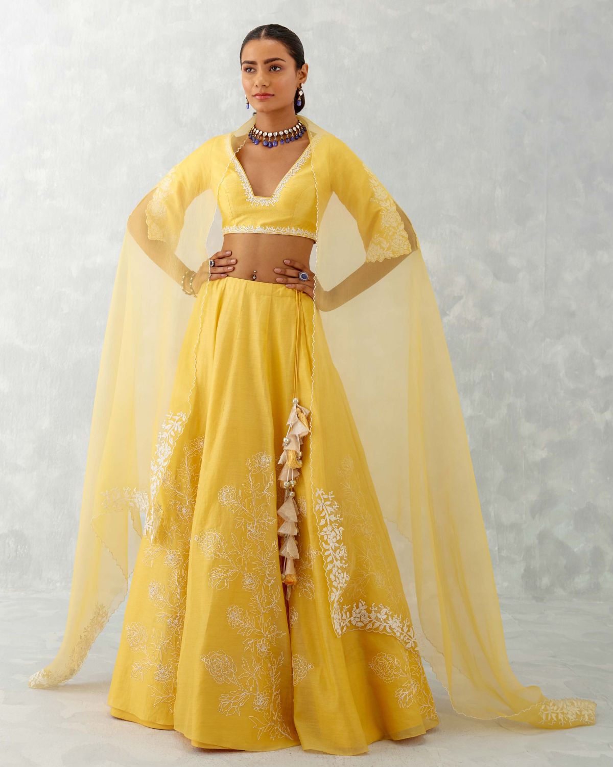 Mango Yellow Floral Embroidered Silk Lehenga Set