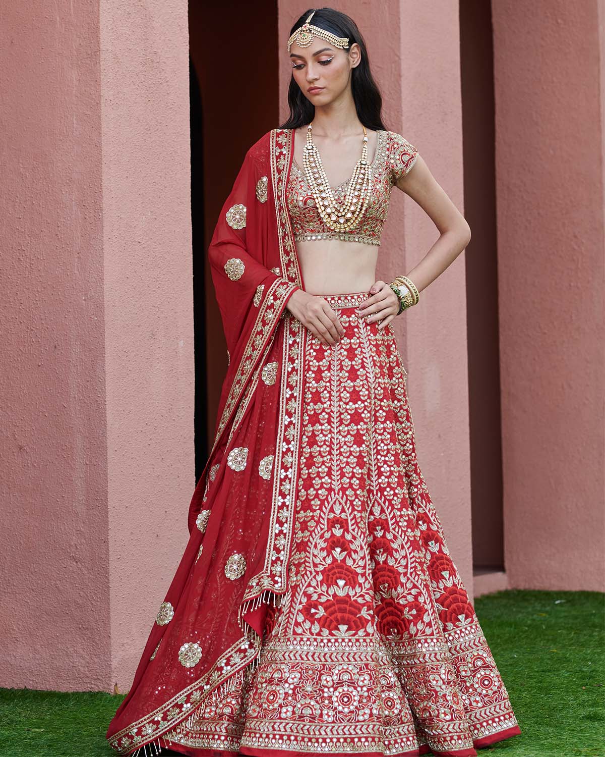 Red and Gold Hand Embroidered Lehenga Set