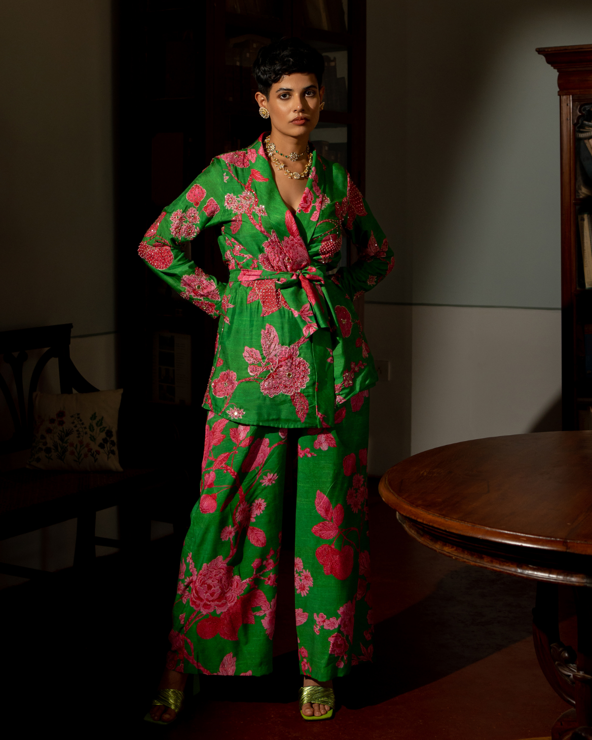 Green Floral Blazer Set by Paulmi & Harsh