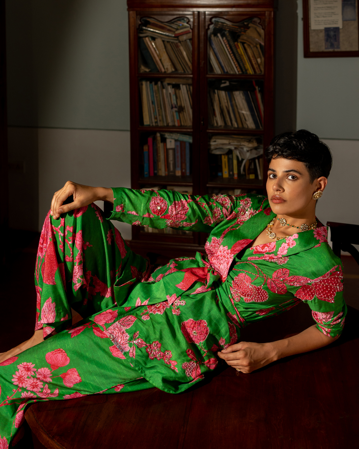 Green Floral Blazer Set by Paulmi & Harsh