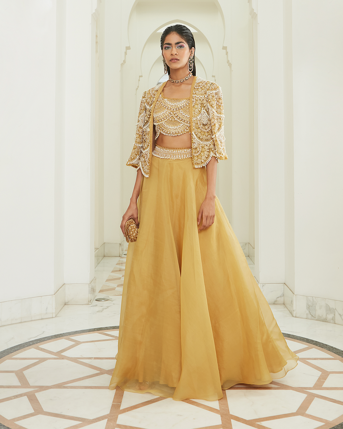 Sunrise Yellow Pearl Drop Jacket and Skirt Set by Ridhima Bhasin at KYNAH