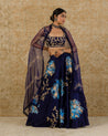 Navy Blue Chanderi Hand Painted Silk Skirt Set by Devnaagri at KYNAH