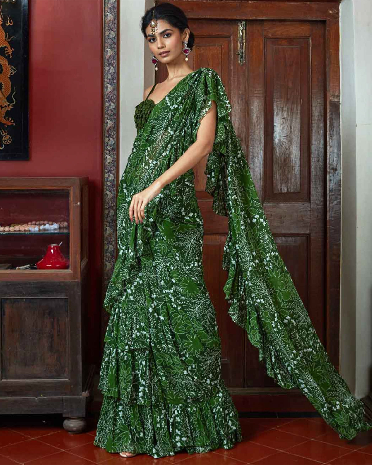 Green & Sand Garden Print Ruffle Sari Set