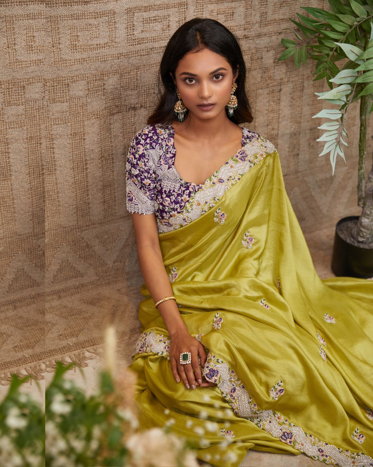 Lime Green Sari Set by Prisho