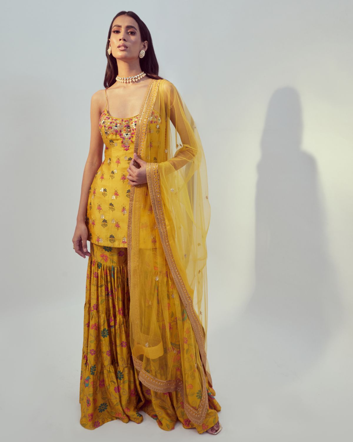 Yellow Printed Sharara Set by Drishti & Zahabia