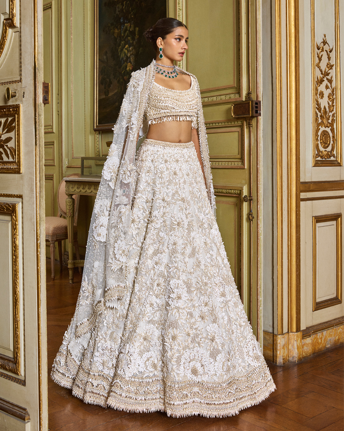 Ivory Gold Three-Dimensional Lehenga Set by Seema Gujral