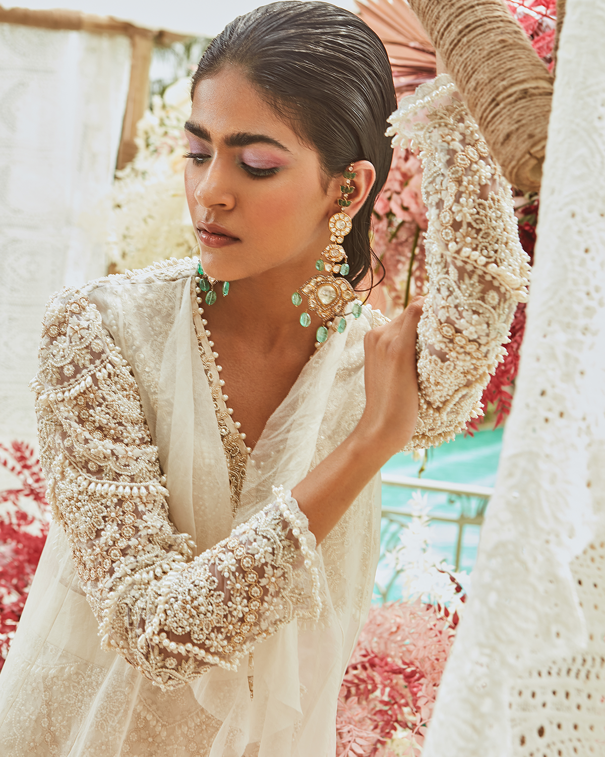 Ivory Pearl Drop Embroidered Jacket Set
