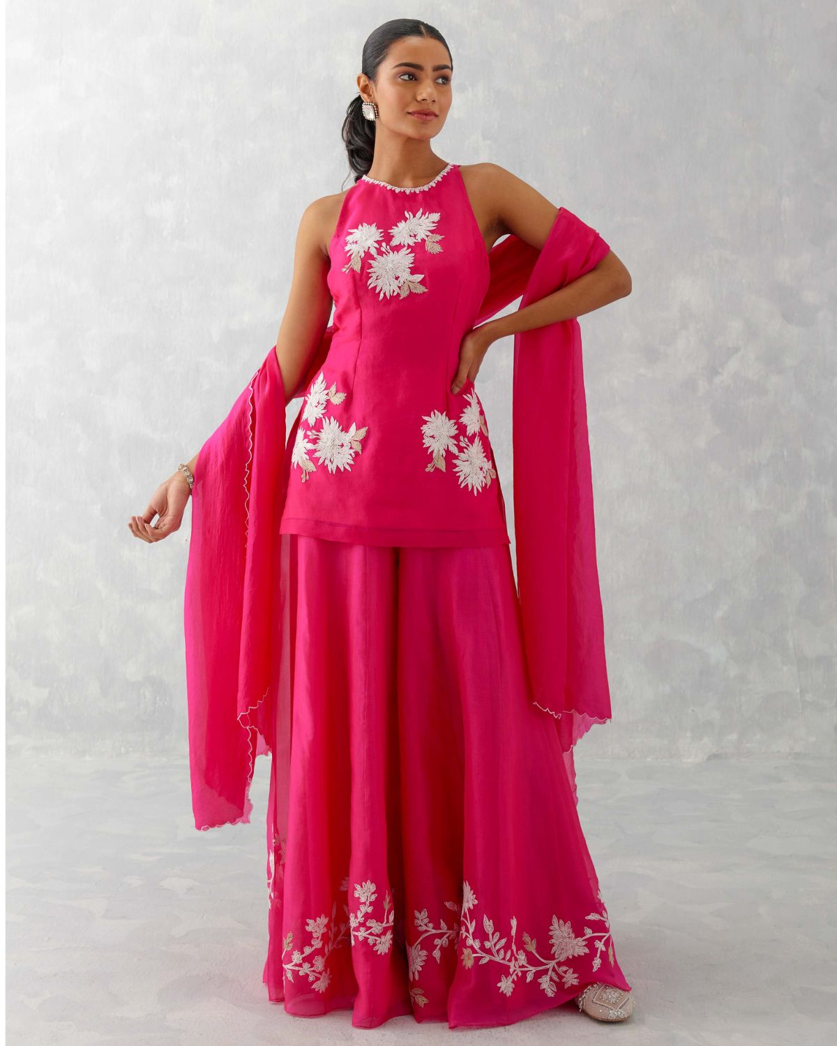 Fuchsia Pink Embroidered Sharara Set