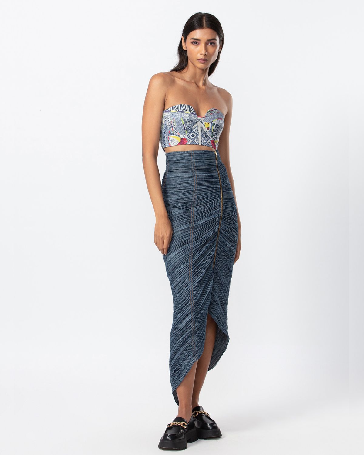 Blue Abstract Print Bustier And Skirt Set by Saaksha And Kinni