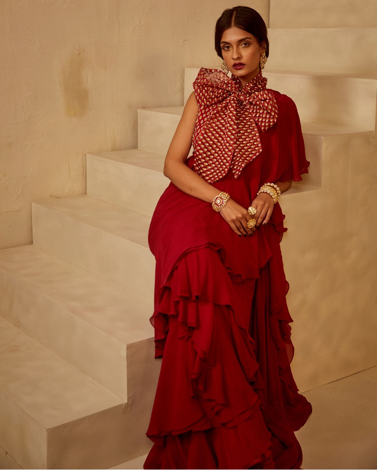 Red Ruffle Bow Sari Set by Bhumika Sharma