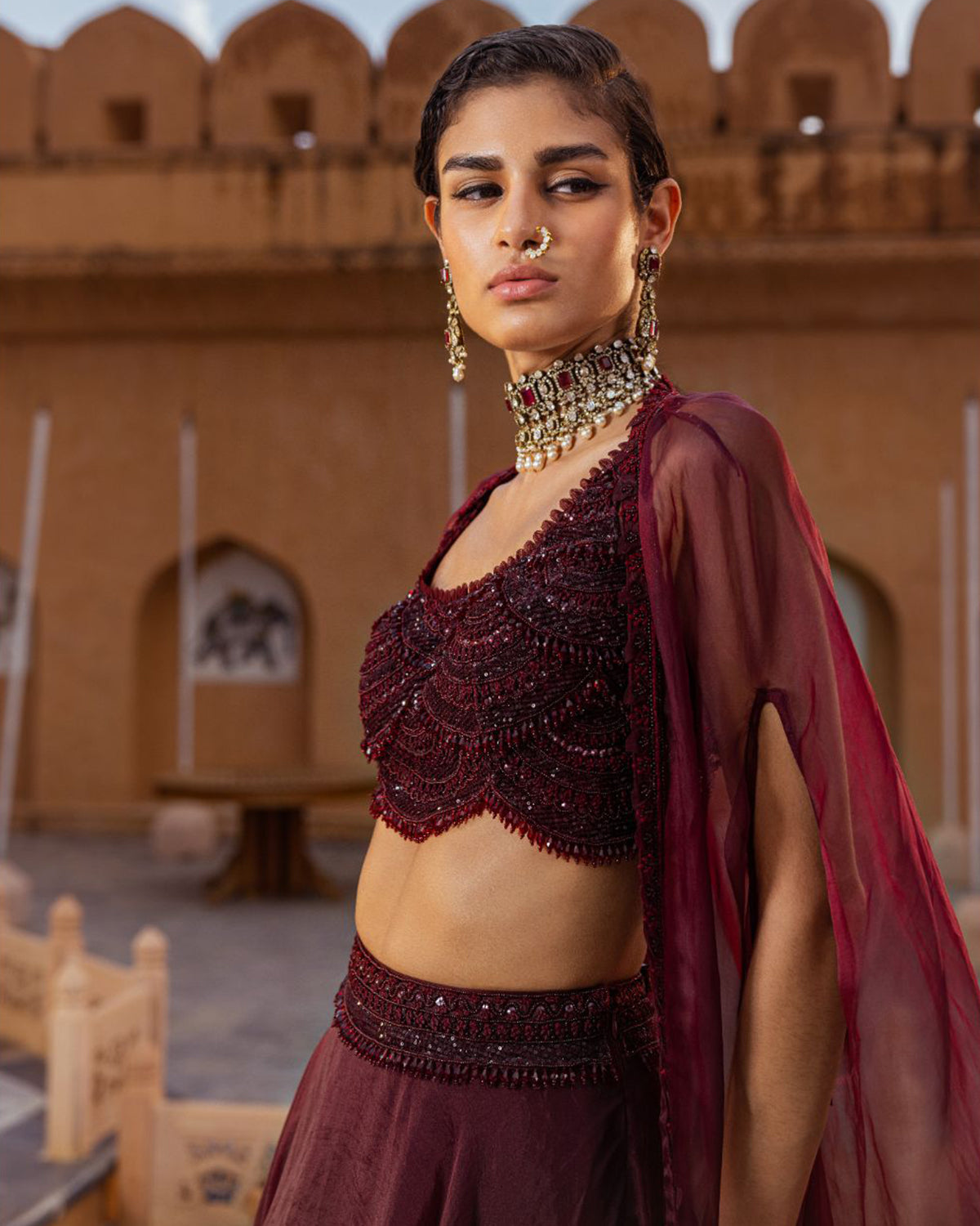 Retro Love Plum Scallop Embroidered Skirt Set