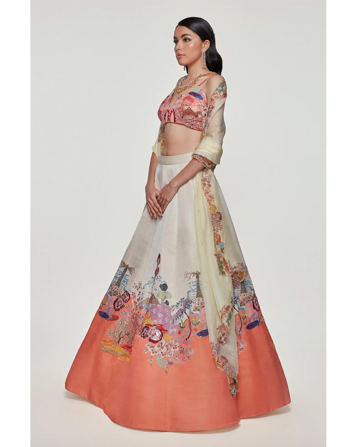 Ivory & Peach Divergence Appliquéd Lehenga Set