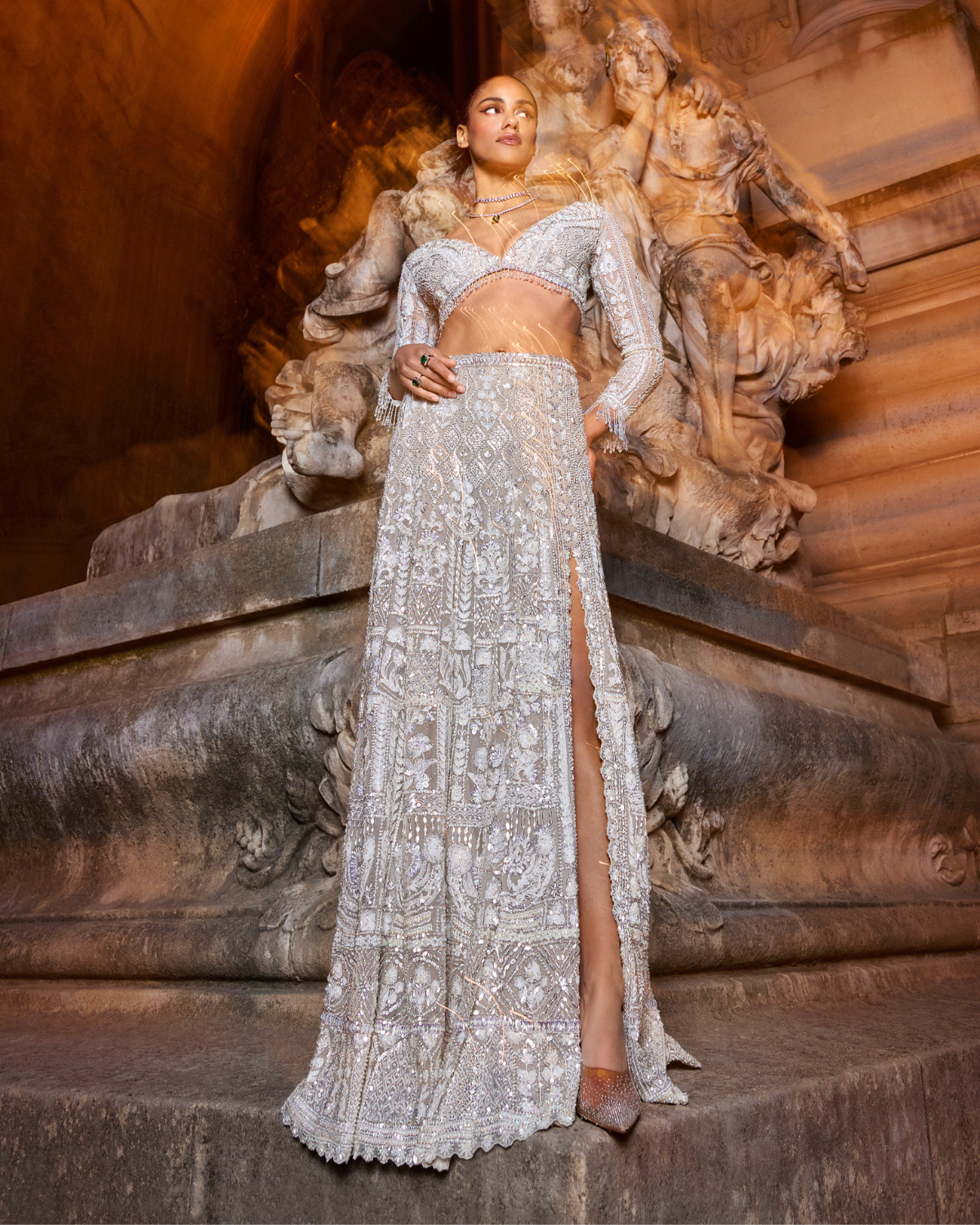 Silver Sequins Skirt Set by Seema Gujral