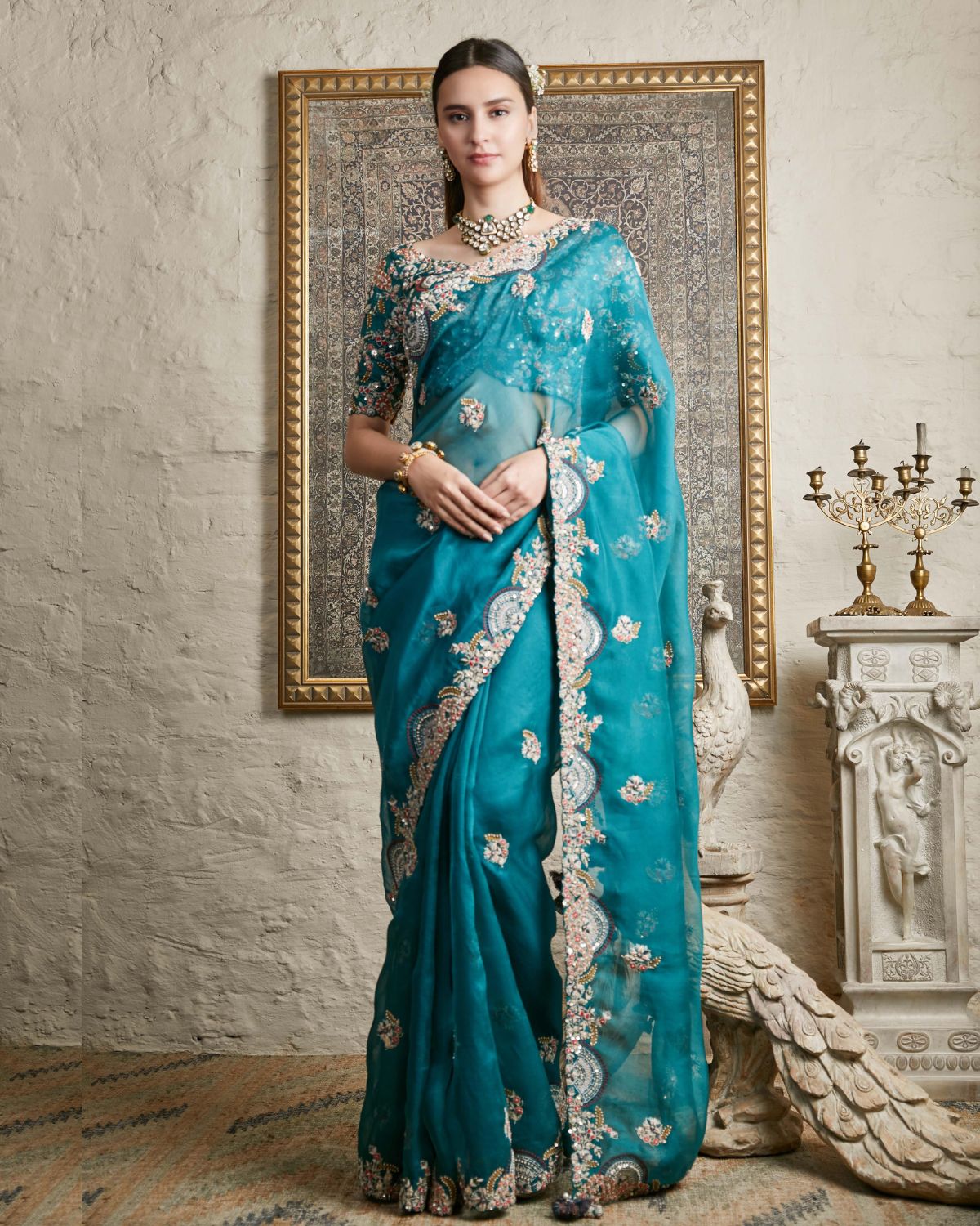 Green Silk Floral Embroidered Sari With Blouse by Prisho