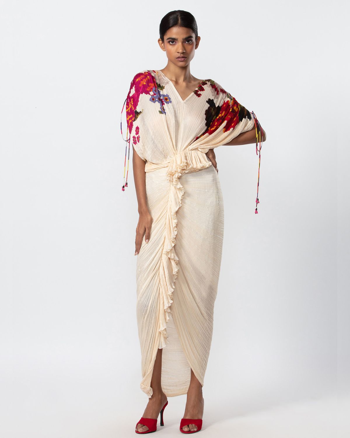 Ivory Cotton Silk Placement Print Draped Dress | Saaksha & Kinni