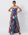 Blue Satin Abstract Floral Print Slit Dress by Saaksha & Kinni