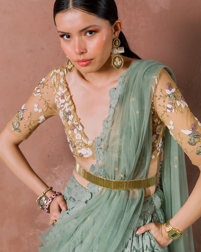 Vintage Sage Mint Floral Lehenga Dupatta & Belt by The Little Black Bow
