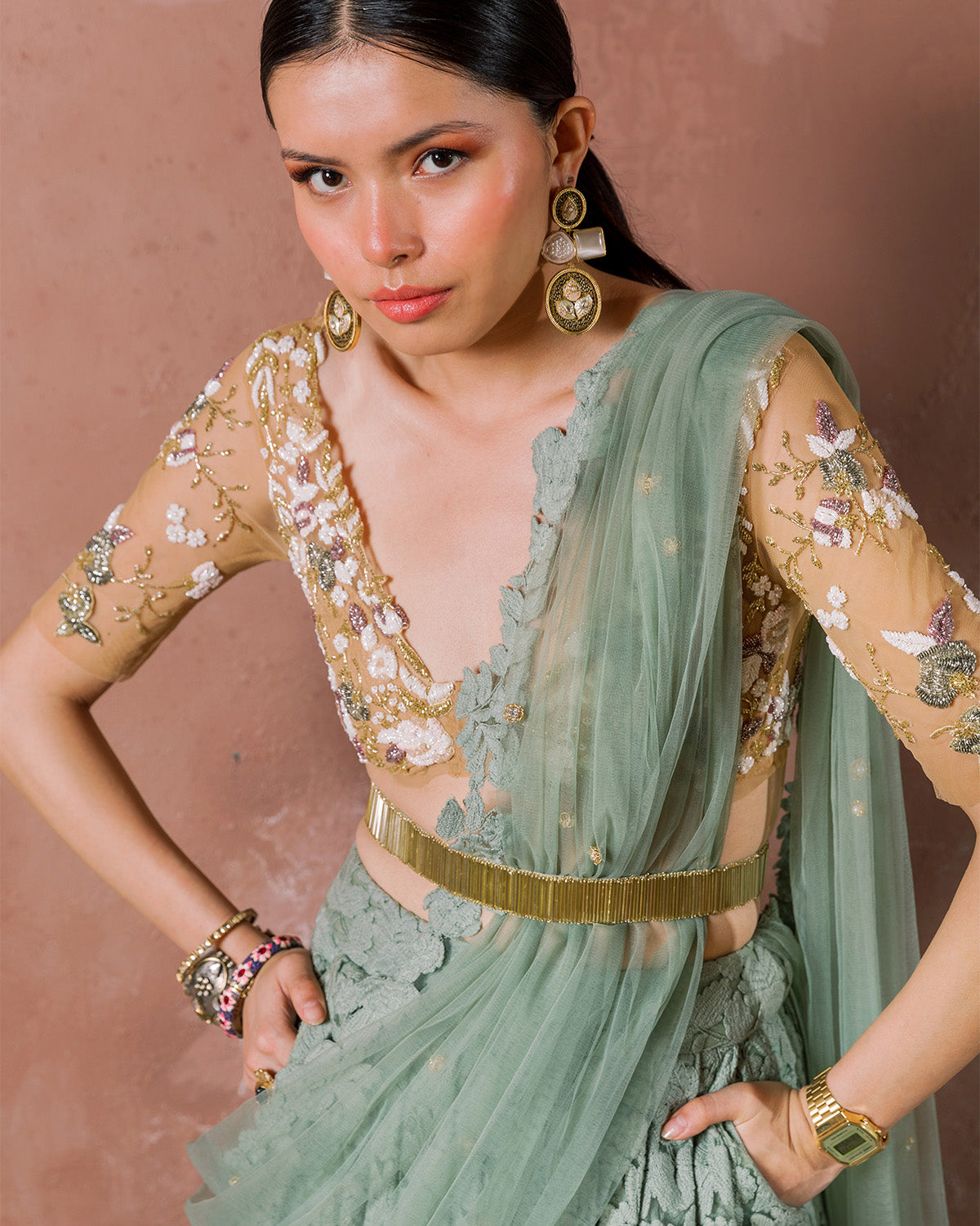 Vintage Sage Mint Floral Lehenga Dupatta & Belt by The Little Black Bow