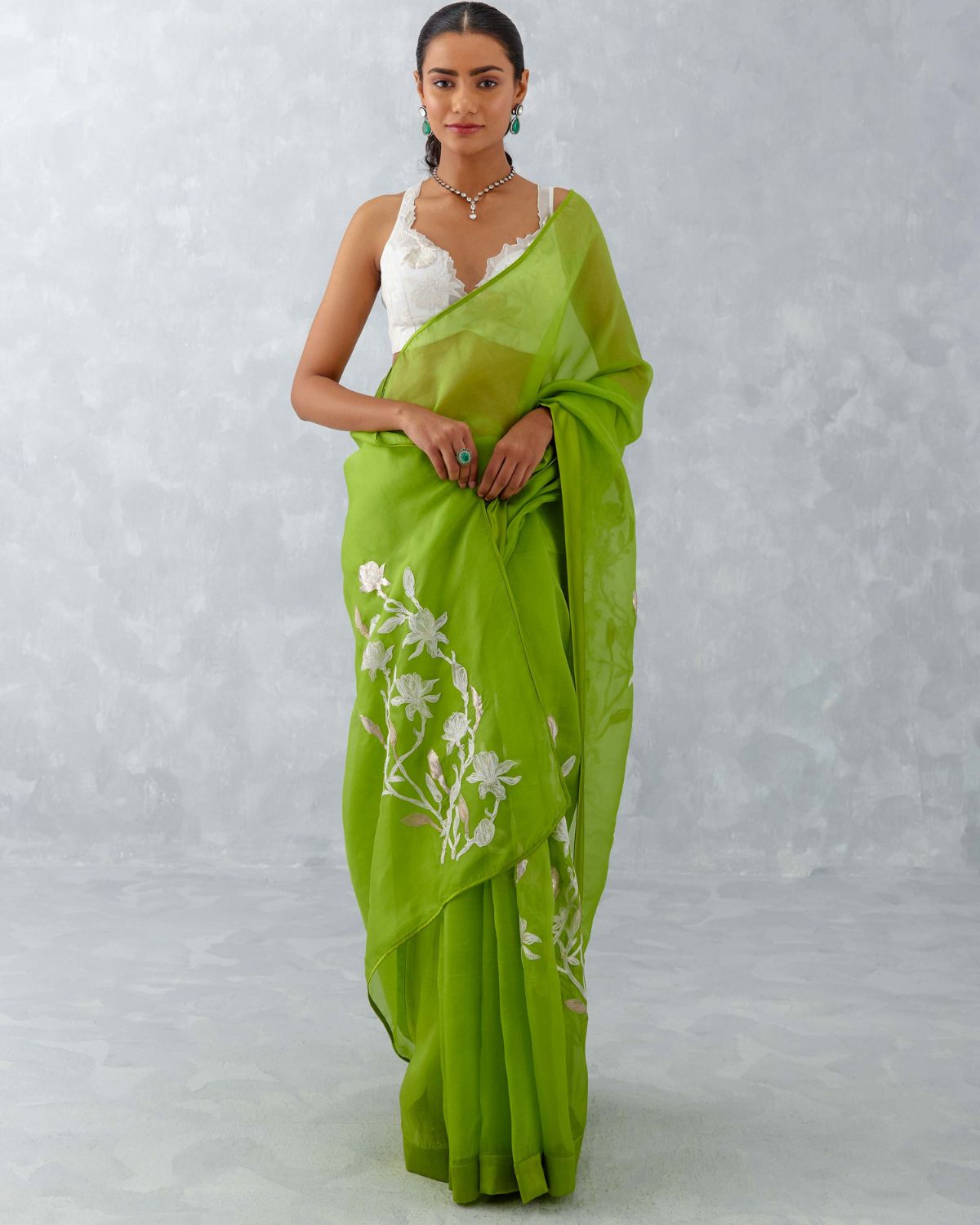 Green Embroidered Silk Organza Sari by Devnaagri