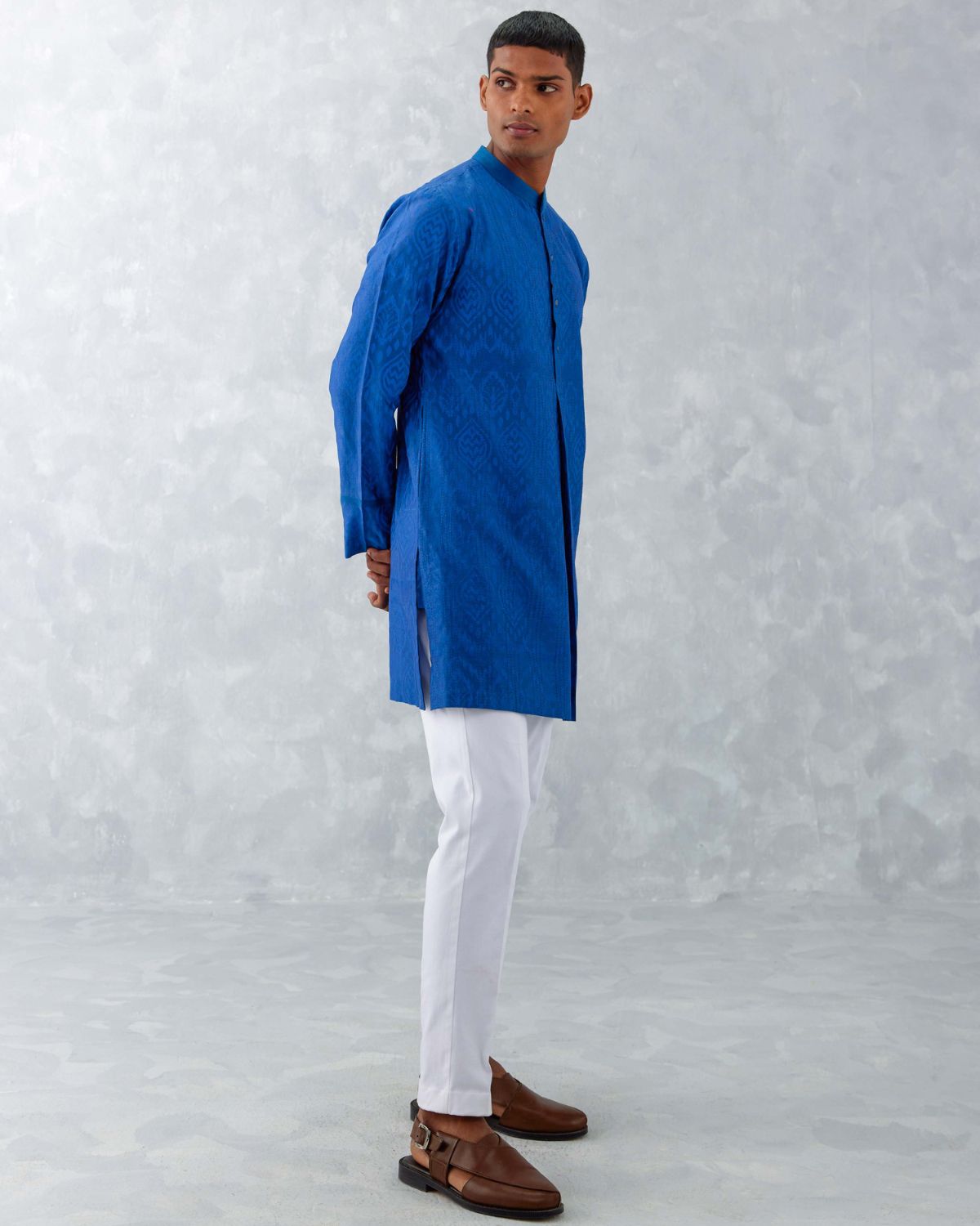 Blue Ikat Print Chanderi Kurta Set | Devnaagri