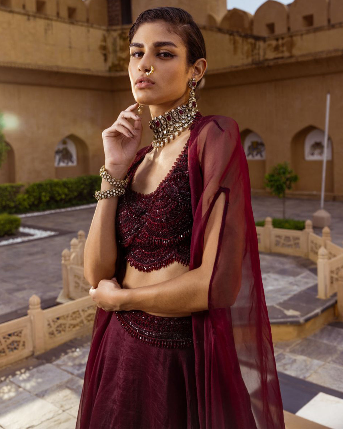 Retro Love Plum Scallop Embroidered Skirt Set