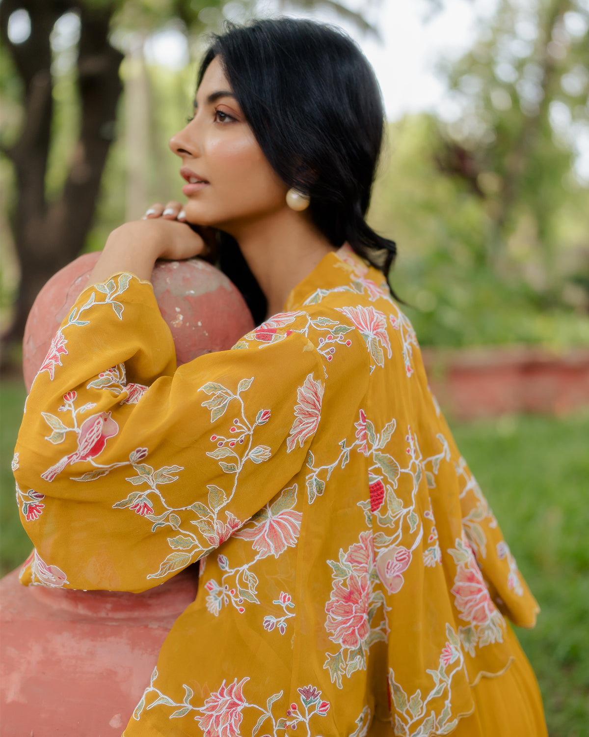 Ochre Yellow Floral Printed Jacket Set Paulmi Harsh