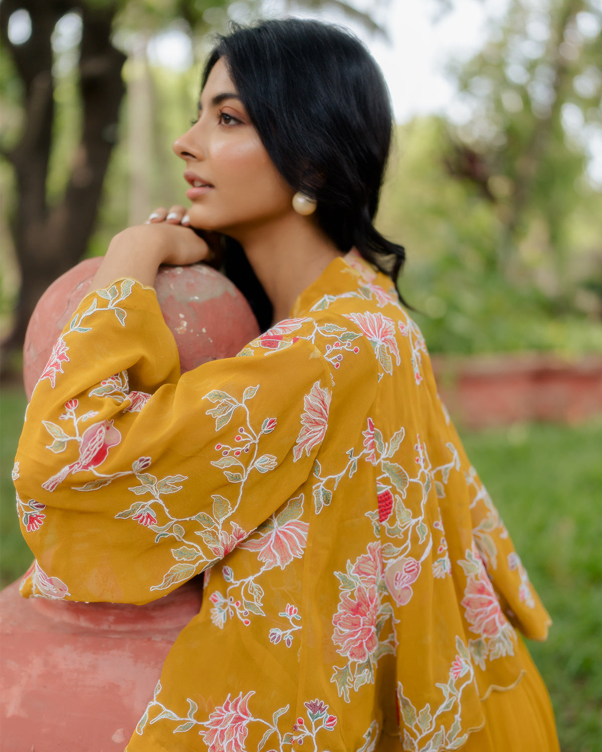 Ochre Yellow Floral Printed Jacket Set