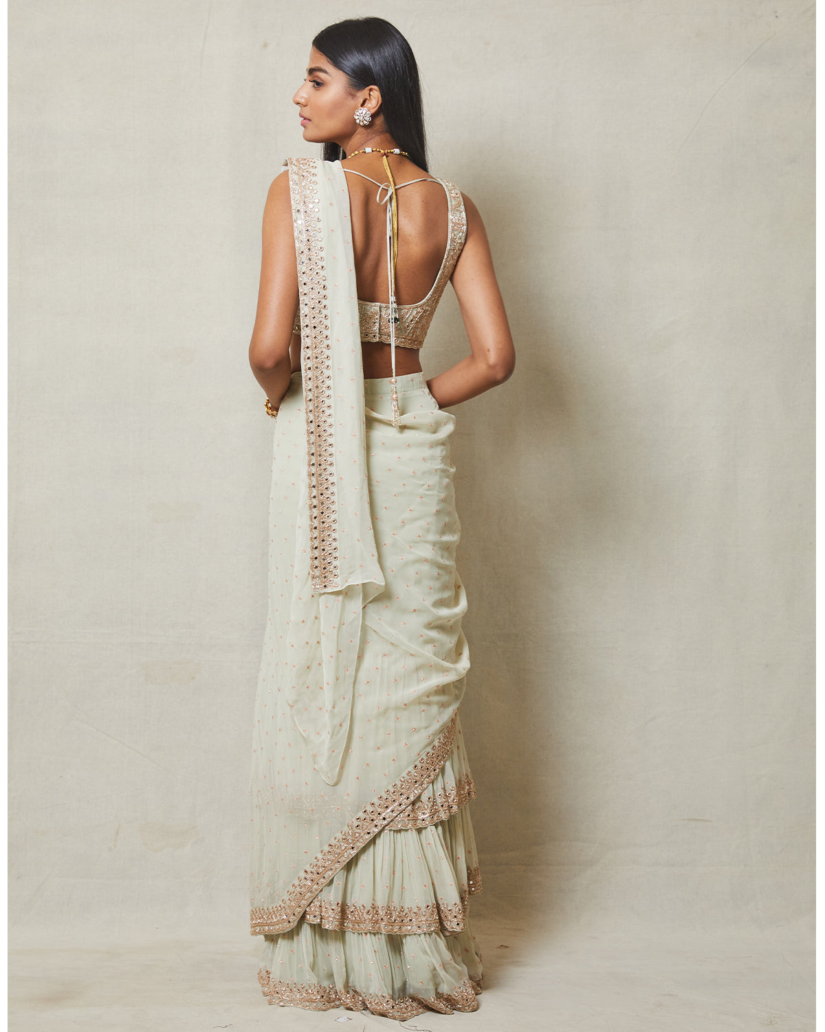 Mother of Pearl and Rose Gold Ruffle Sari | Sample Sale