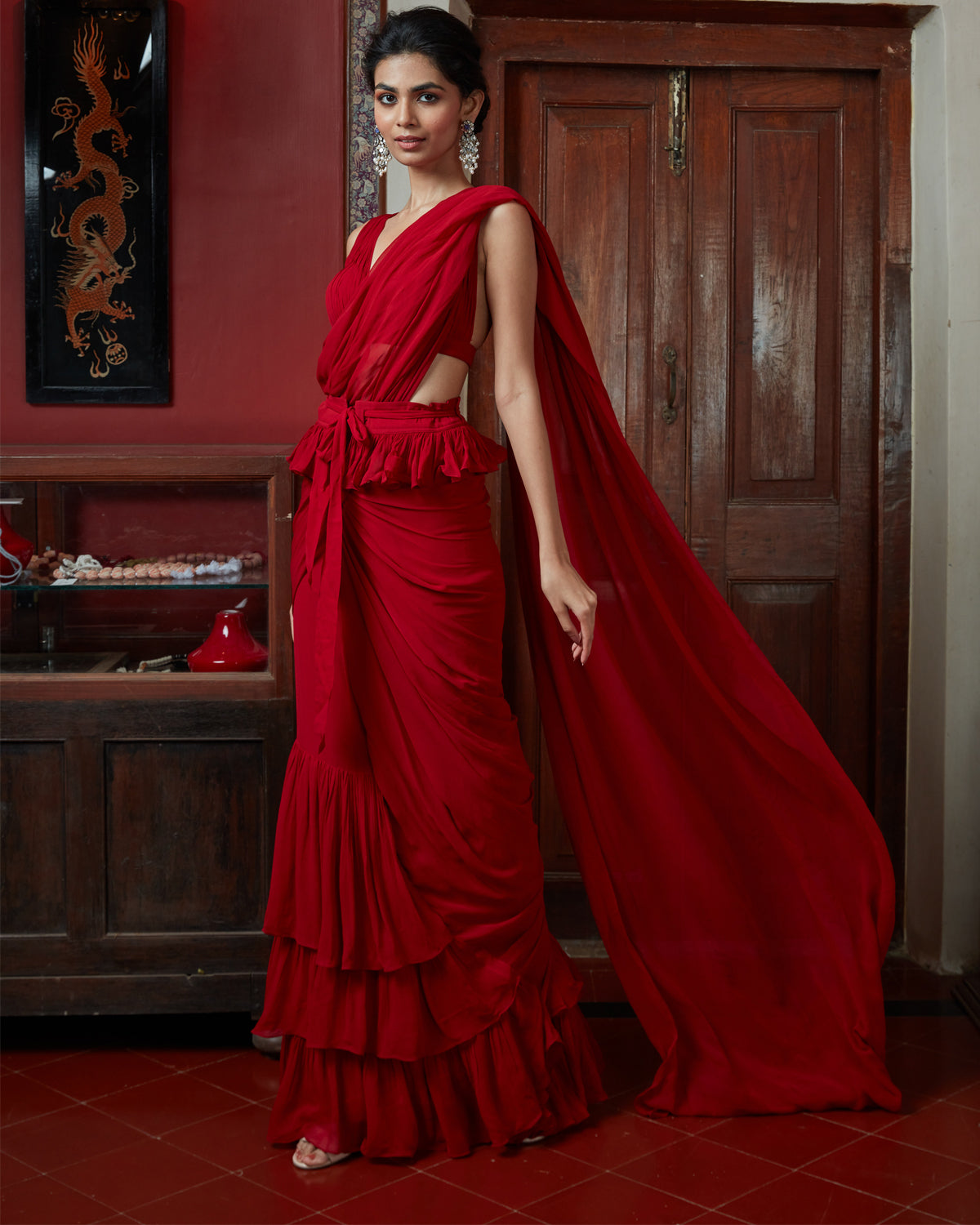 Red Pleated Blouse & Tiered Sari Set