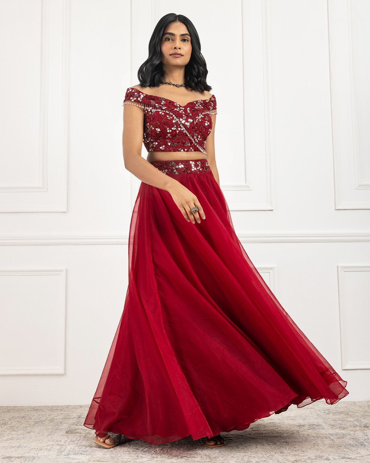 Red Off-Shoulder Mirror Work Embroidered Lehenga by KYNAH