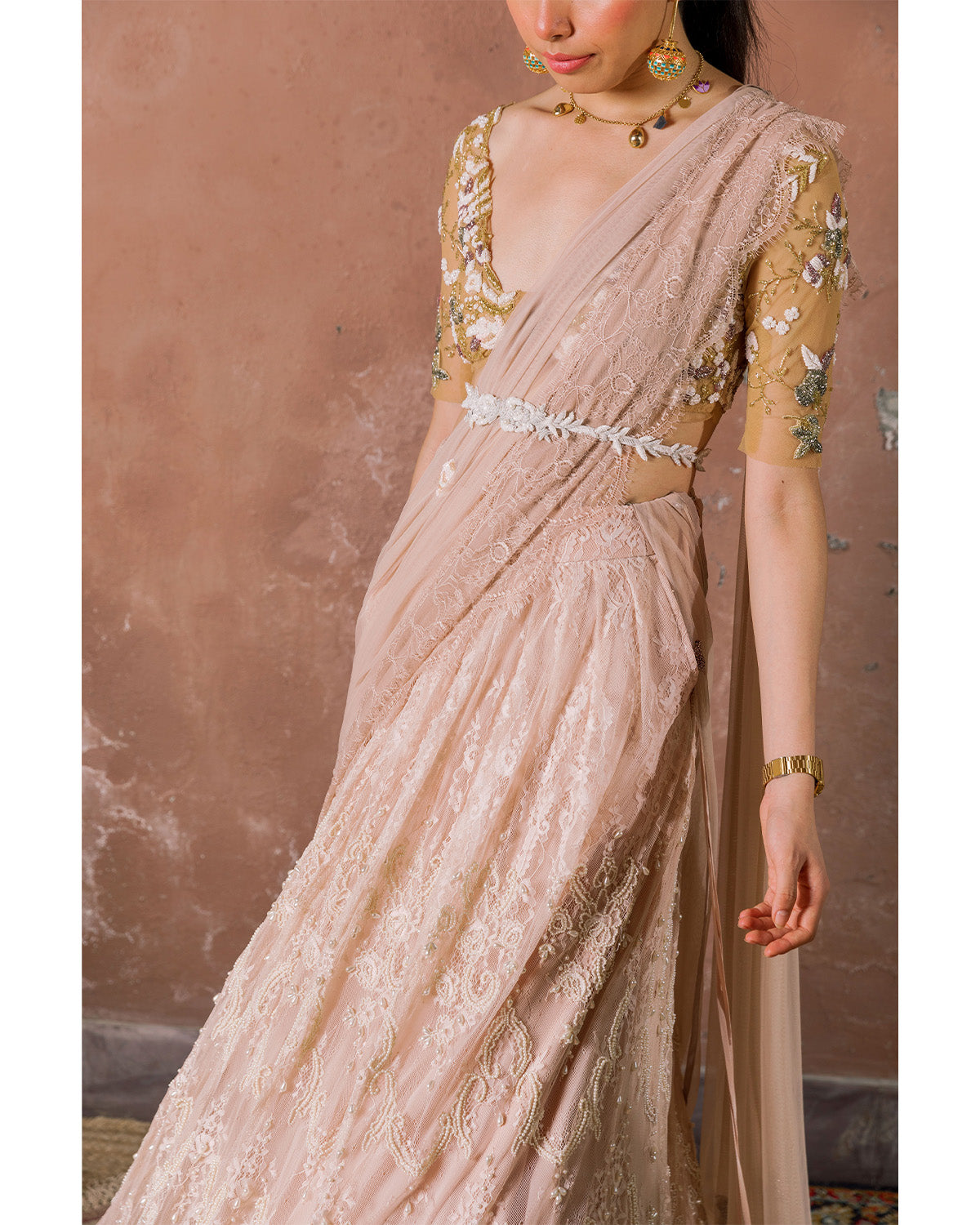Vintage Rose Lehenga With Zardosi Waist Belt by The Little Black Bow