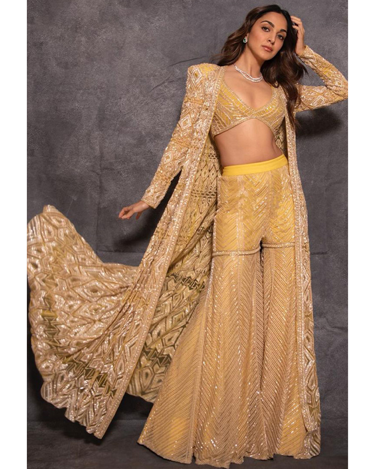 Beige and Gold Embroidered Jacket and Sharara Set by Ritika Mirchandani at KYNAH