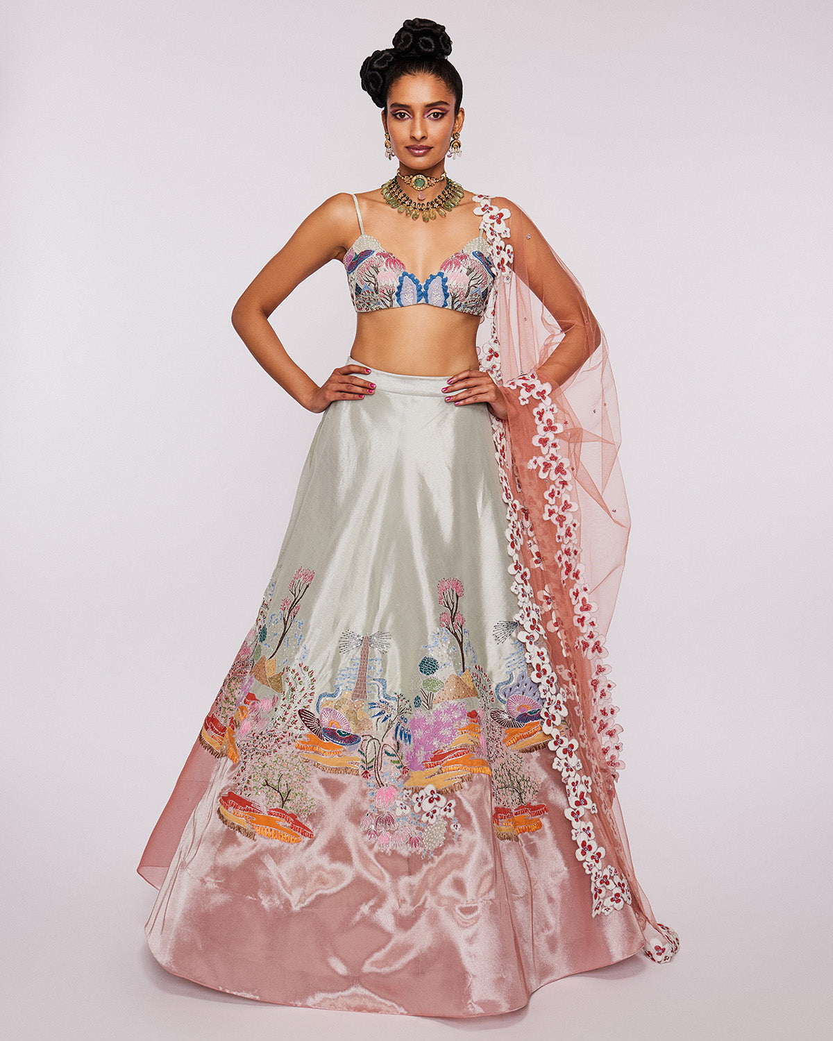 Ivory and Peach Divergence Floral Embellished Lehenga Set by Aisha Rao at KYNAH